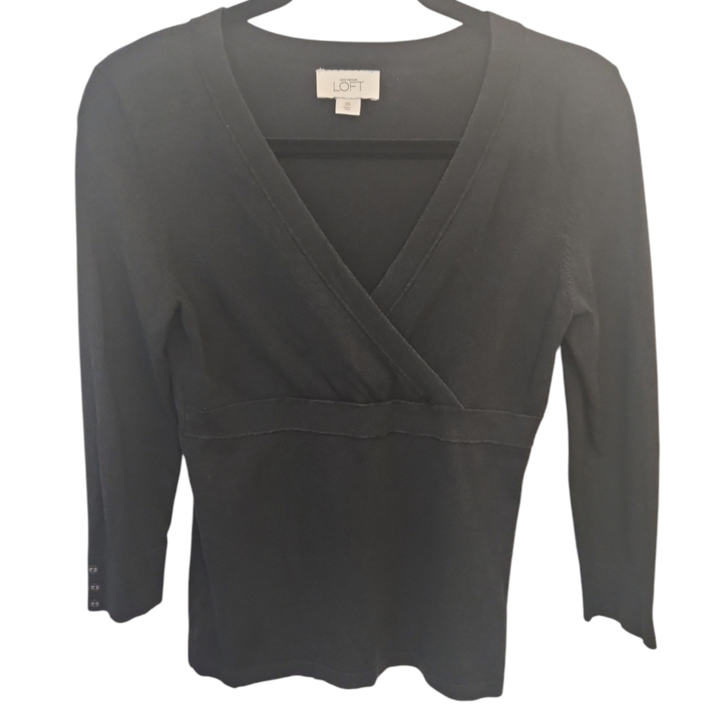 AnnTaylor Loft Women's Black Silk Blend Quarter Sleeve Ruched Neckline Size XS